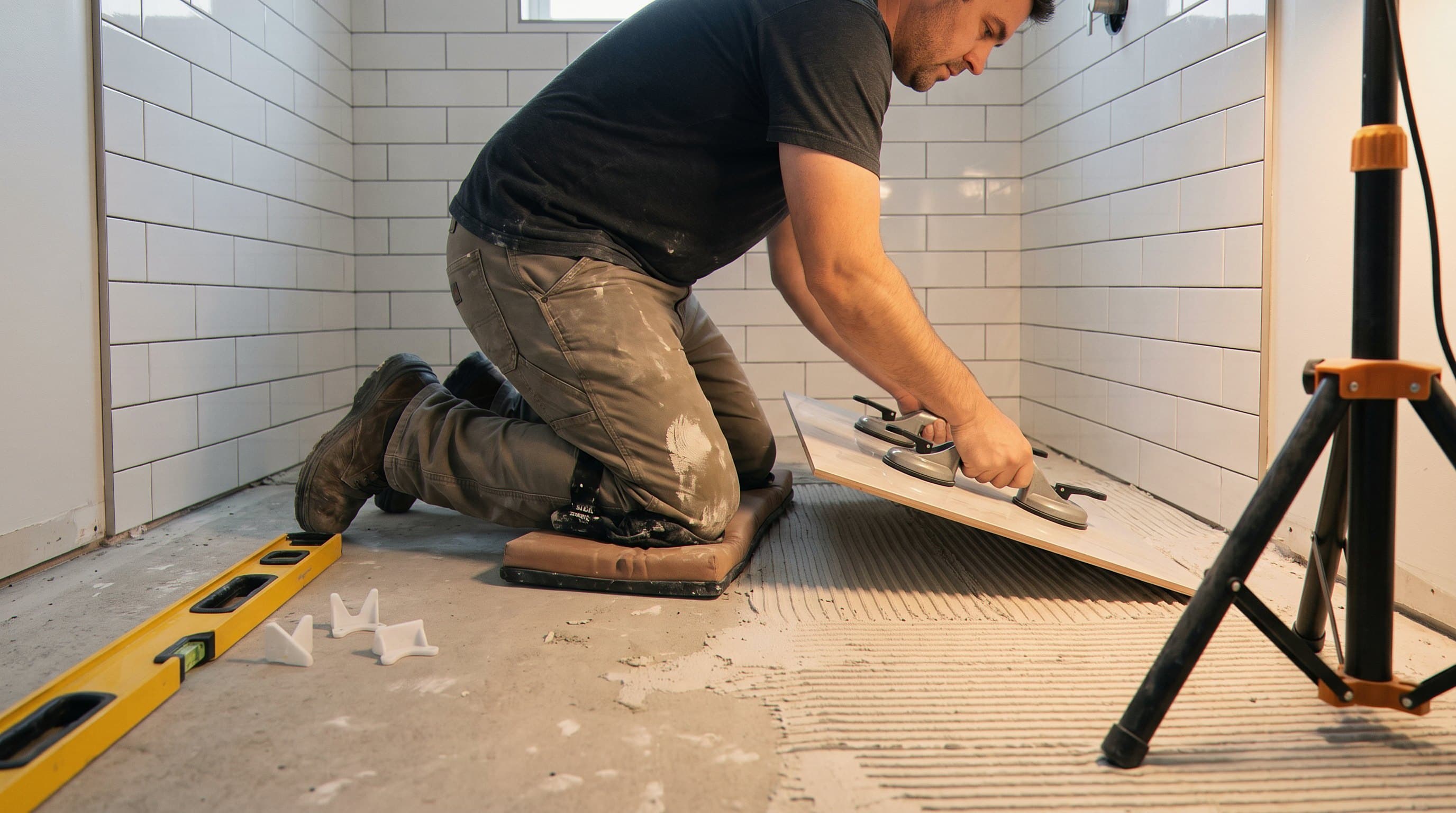 Installer setting a large floor tile in a shower