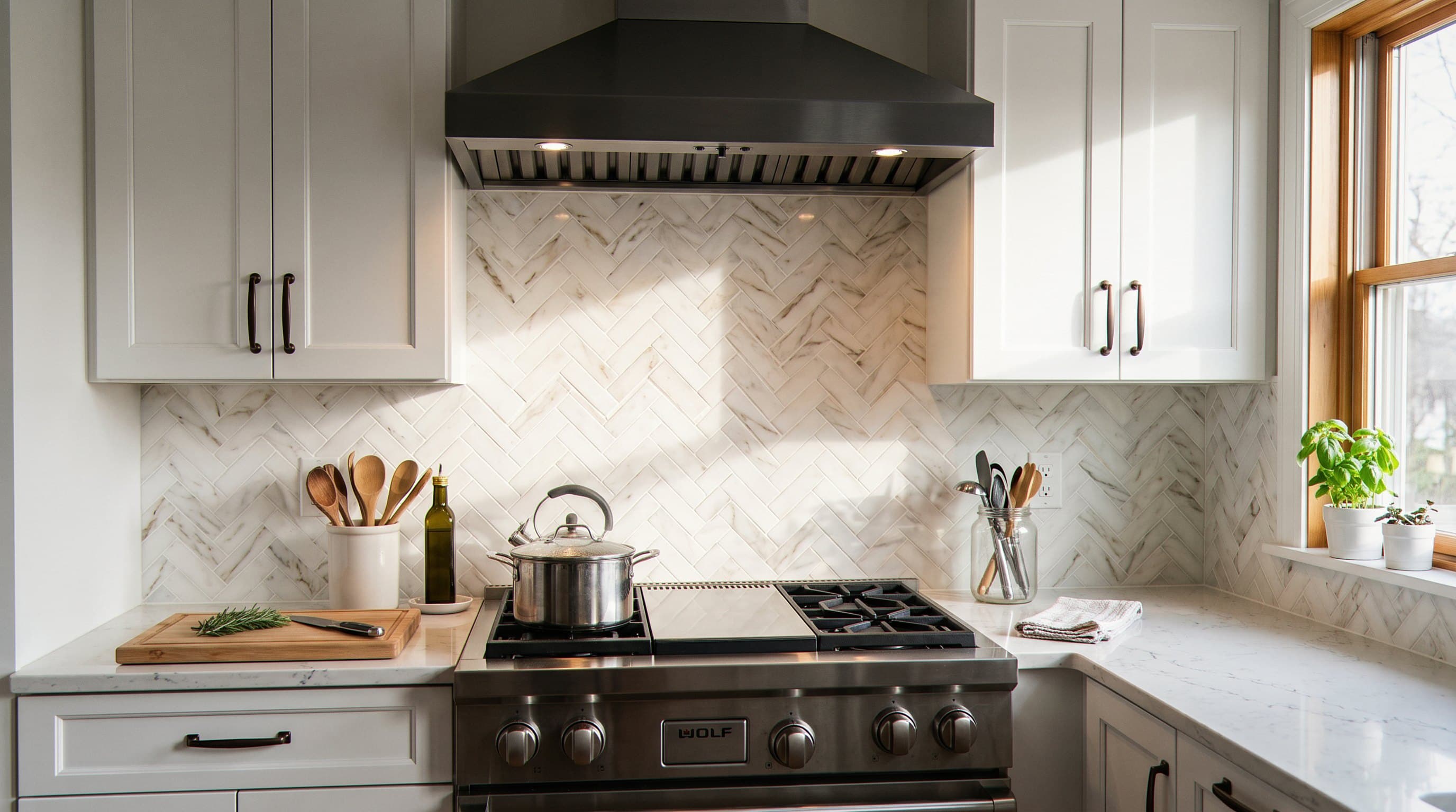 Marble herringbone backsplash behind a stainless gas range