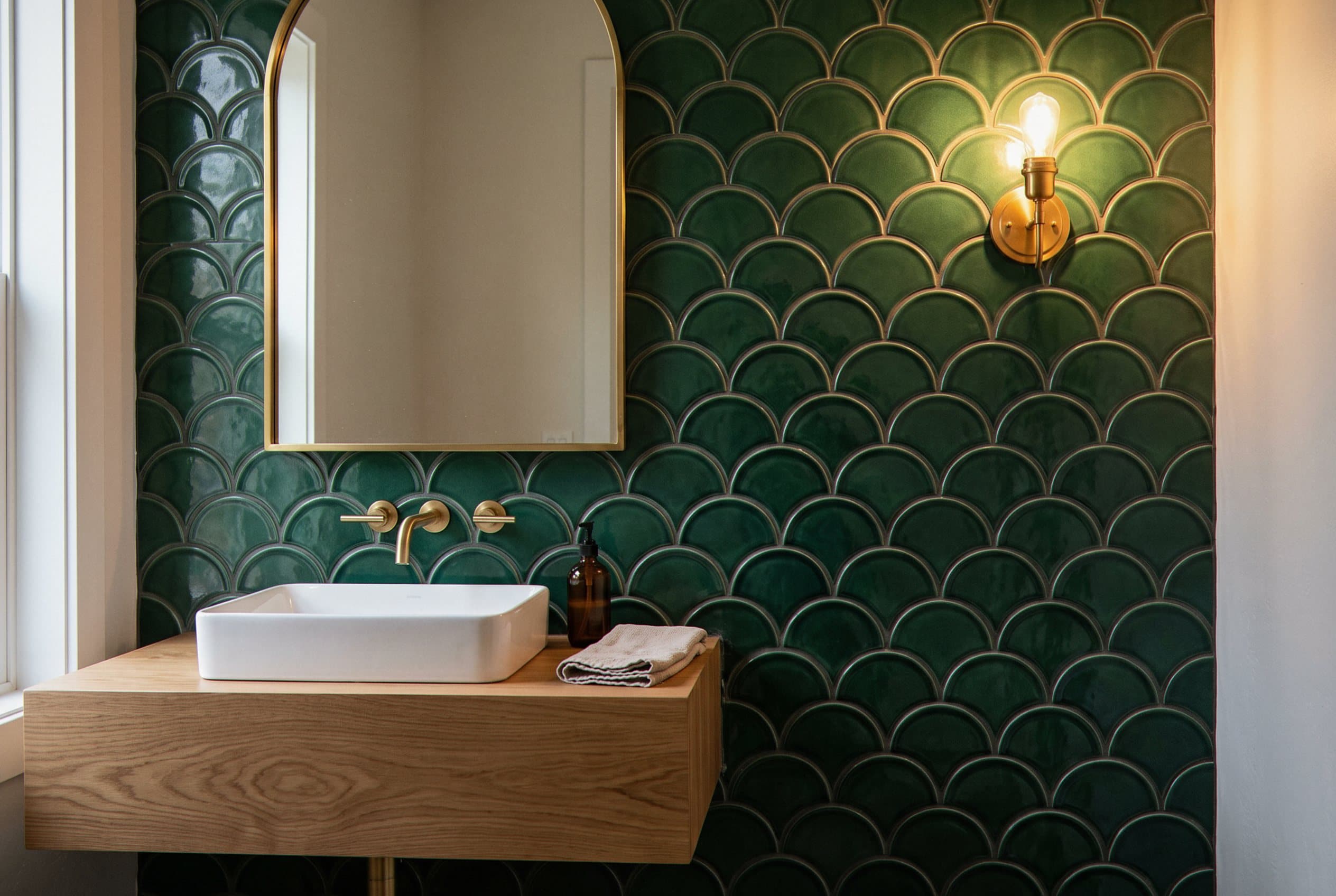 Bathroom accent wall in a bold mosaic pattern