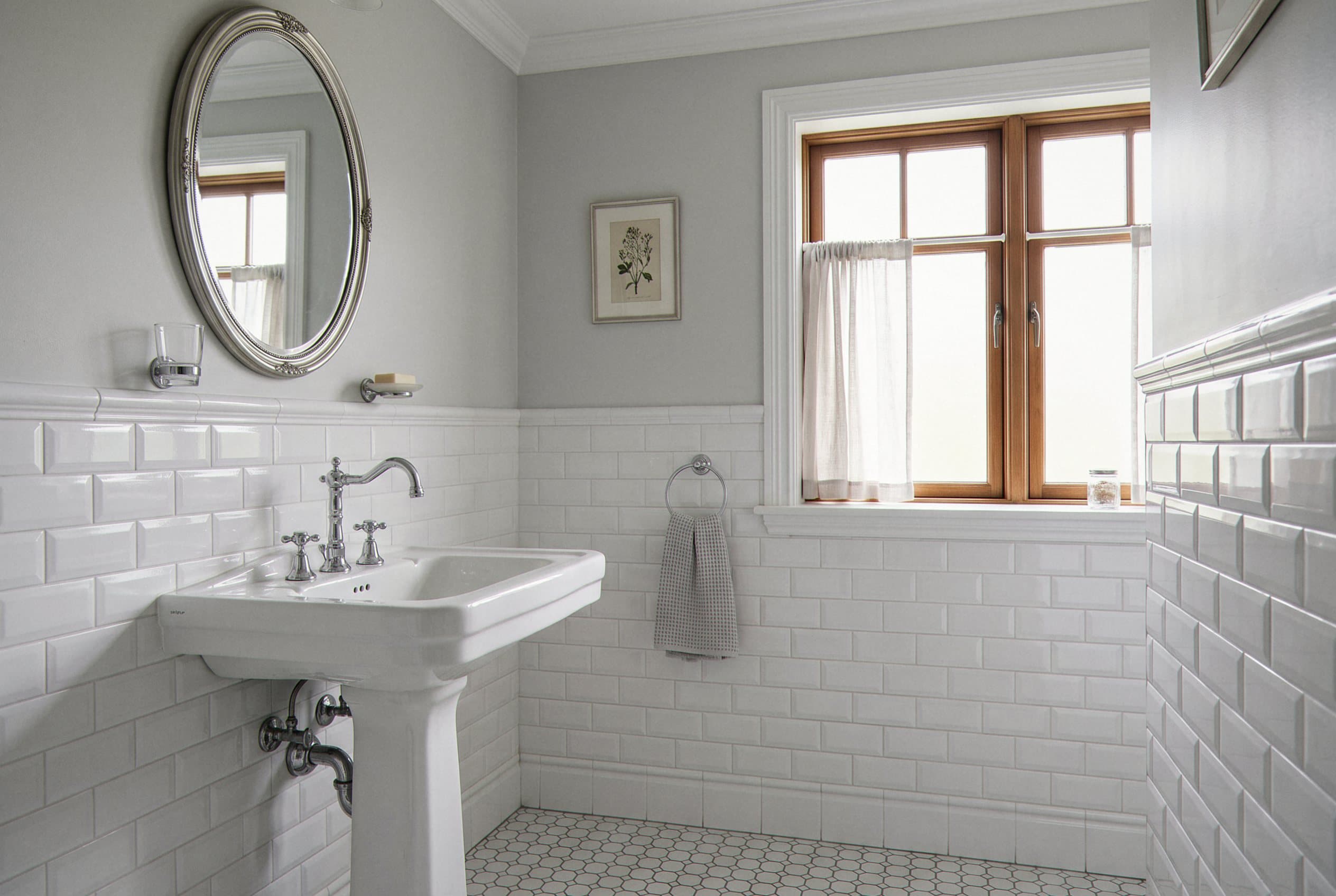 White subway tile wainscot behind a pedestal sink